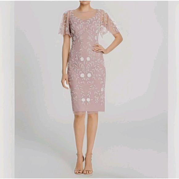 Adrianna Papell Embellished Dress Flutter Sleeve Cocktail Party Beaded Pink Sz 6 - Picture 2 of 16